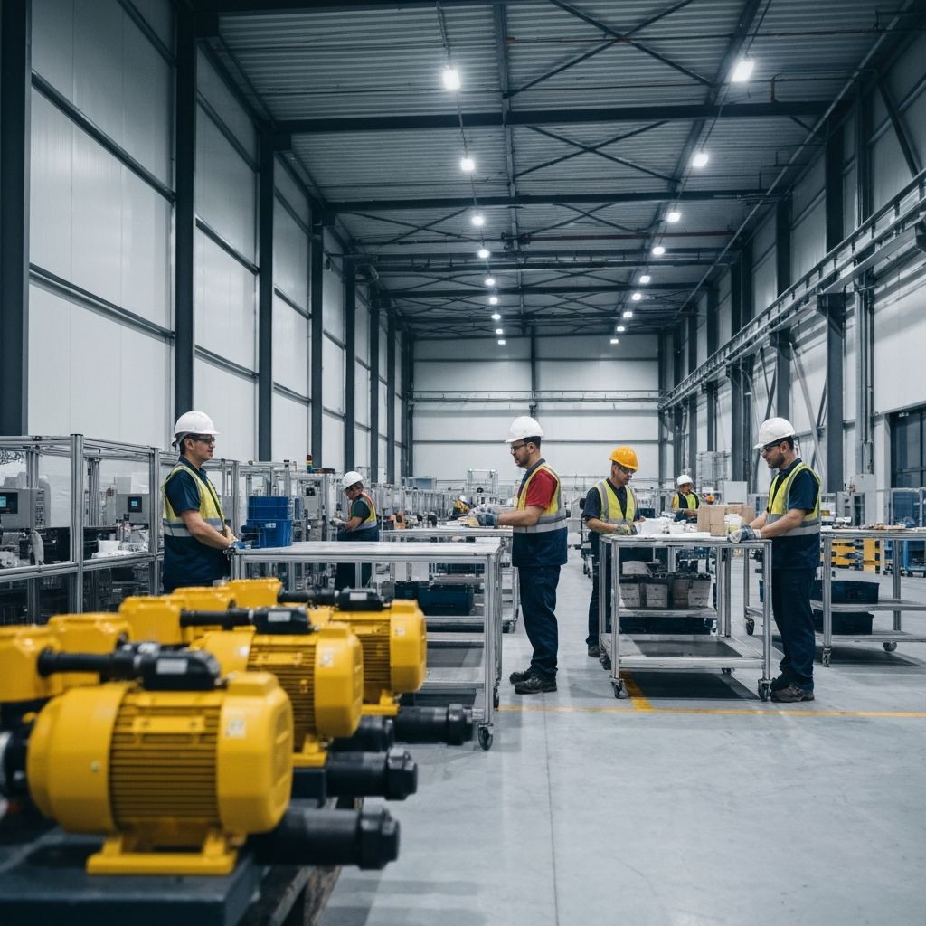 Almacén de ATS Control con bombas dosificadoras amarillas y equipo de logística trabajando en instalaciones industriales
